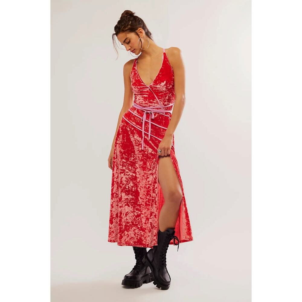 Free People Deia Velvet Midi Dress Pink Rose Strappy Dainty Romantic Small - Picture 4 of 12